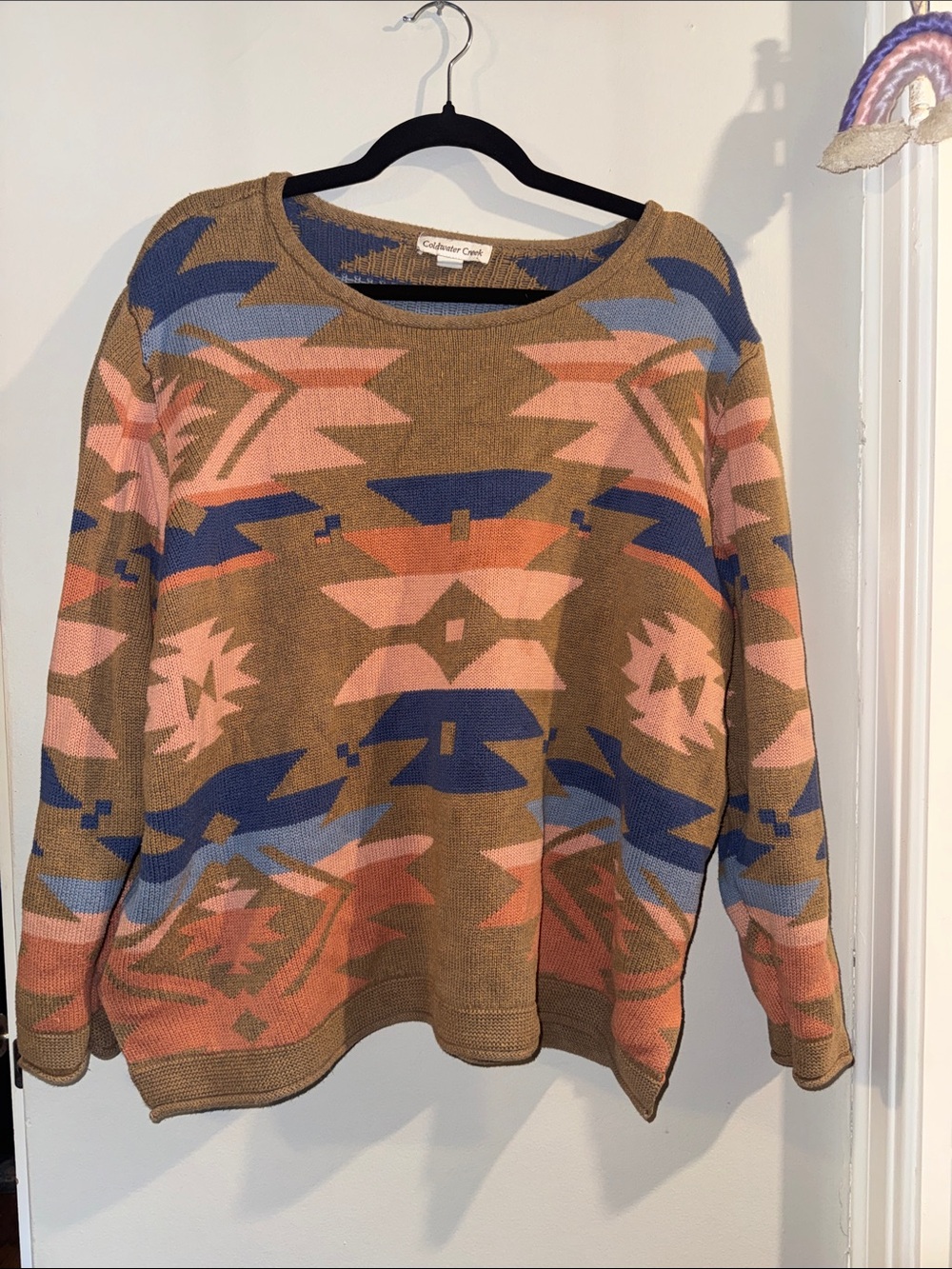 Coldwater Creek Aztec Crewneck Sweater in Brown, Pink & Blue